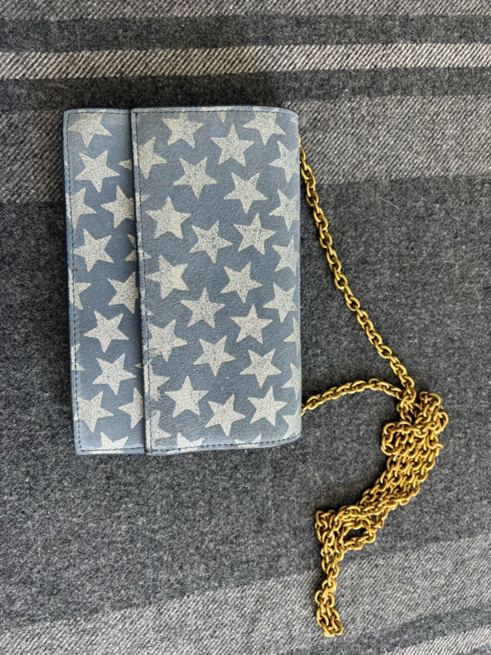 Star Print Chain Suede Crossbody Purse in Blue and Silver